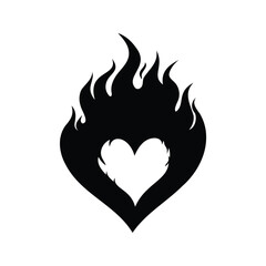 Fiery heart silhouette with flamelike edges, representing passion and burning love, flame inside heart icon illustration silhouette
