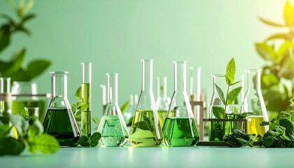 Green lab glassware with plants