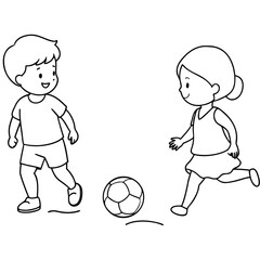 Two children joyfully playing soccer in a park, with trees and a sunny sky in the background
