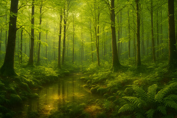 Obraz premium Lush Green Forest Stream Tranquil Environment Nature Scenery Illustration