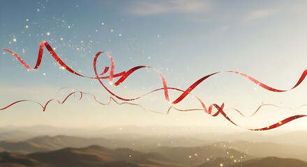 Red ribbons floating in the sky above a landscape with sparkling lights and a blurred background ai generated