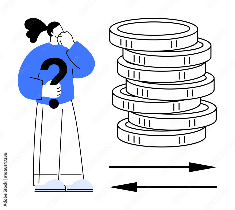 Poster person thinking with a question mark, large coin stack and arrows pointing in opposite directions. i