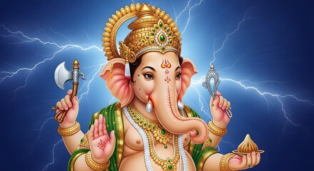 Lord ganesha, the hindu elephant god, holding his attributes, with a dramatic stormy blue background and lightning strikes, symbolizing divine power and auspicious beginnings