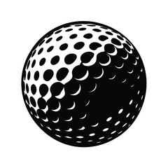 Monochrome abstract minimalist design featuring a black golf ball on white backdrop, golf ball illustration silhouette