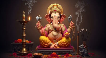 Lord ganesha, the hindu deity of wisdom, prosperity, and new beginnings, is depicted in a serene and majestic pose, adorned with traditional ornaments and holding his symbolic attributes