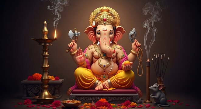 Lord ganesha, the hindu deity of wisdom, prosperity, and new beginnings, is depicted in a serene and majestic pose, adorned with traditional ornaments and holding his symbolic attributes - Powered by Adobe