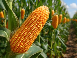 Obraz premium Ripe corn on the stalk displays vibrant yellow kernels ready for harvesting in a sunny agricultural field.