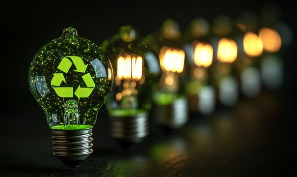 series of glowing light bulbs with a bright recycle symbol imprinted on them, representing eco-friendly energy solutions and sustainable electricity consumption. This image symbolizes, Generative AI - Powered by Adobe