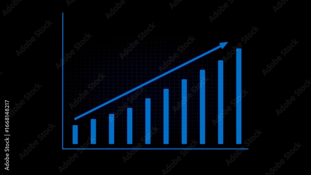 Poster blue bar graph illustrating upward trend with arrow on black grid background chart statistics