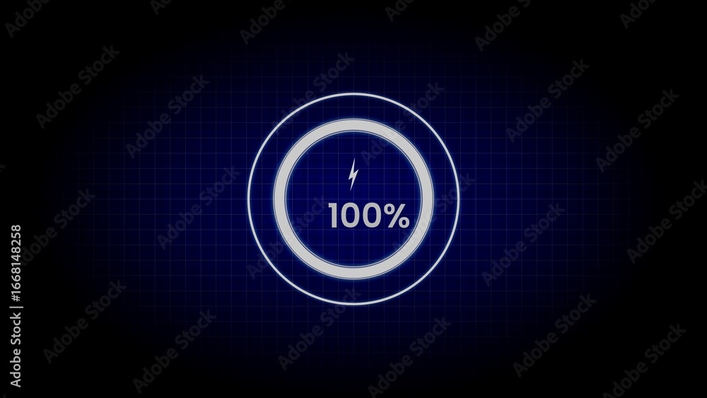 Poster blue futuristic circular progress bar at 100 percent with lightning bolt symbol loading