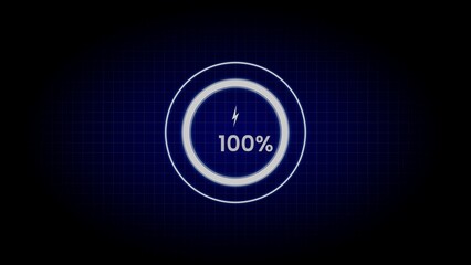 Blue futuristic circular progress bar at 100 percent with lightning bolt symbol loading
