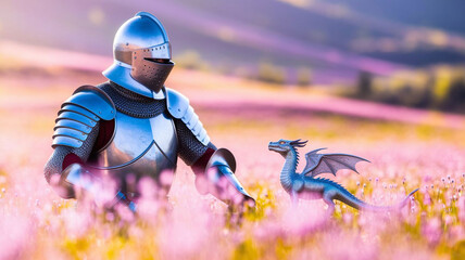 A medieval knight in a full suit of armor standing in a beautiful flower field with a small pet dragon by his side