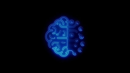 Blue Neon Brain Circuit Icon on Black Background technology artificial intelligence