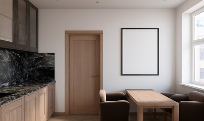 A neutral-toned, modern kitchen-dining area showcases a light beige wall, warm wooden cabinetry, and a black marble countertop, accented by a blank picture frame.