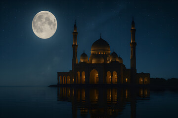 Peaceful Glowing Mosque Architecture Underneath Dramatic Moonlight and Starry Sky