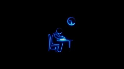 Blue Neon Outline Of Person Studying At Desk With Clock Above Head learning education