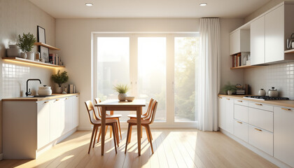 Modern Kitchen Interior with Dining Area and Natural Sunlight.