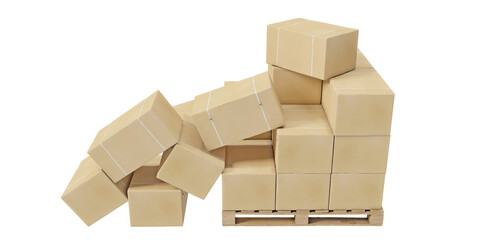 Cardboard boxes slipped off the wooden pallet, isolated on a transparent background. 3D illustration