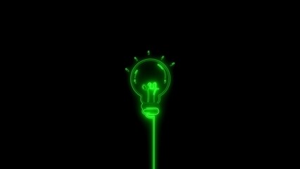 Bright green neon light bulb outline on a black background symbolizing a fresh idea innovation