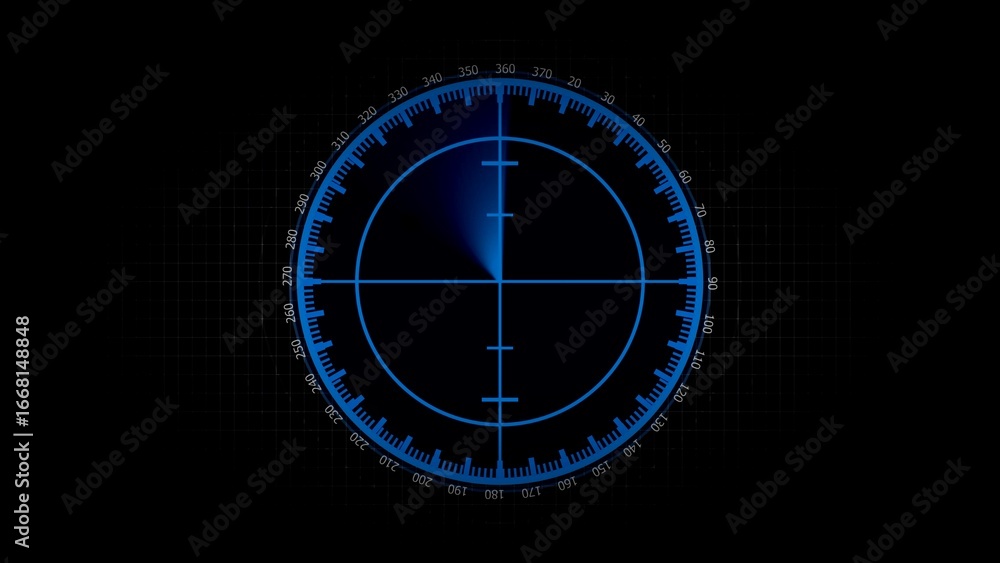Poster close-up of a blue radar display with circular grid and target sweep screen technology