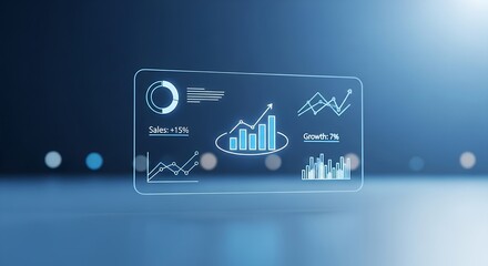 Transparent futuristic dashboard with glowing financial charts and data analytics on a dark background