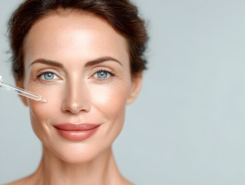 Beautiful mature woman applies facial serum with a dropper for her anti aging skincare routine at home. - Powered by Adobe