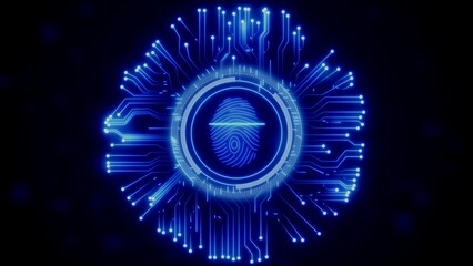 Digital Fingerprint Security Scan with Neon Blue Circuitry and Glowing Lights technology