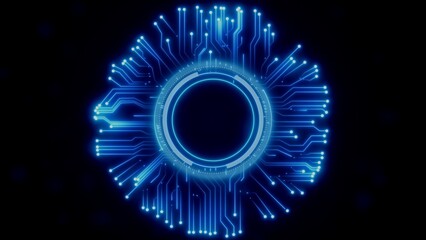 Electric Blue Neon Circuit Board Eye Symbol on Black Background technology digital