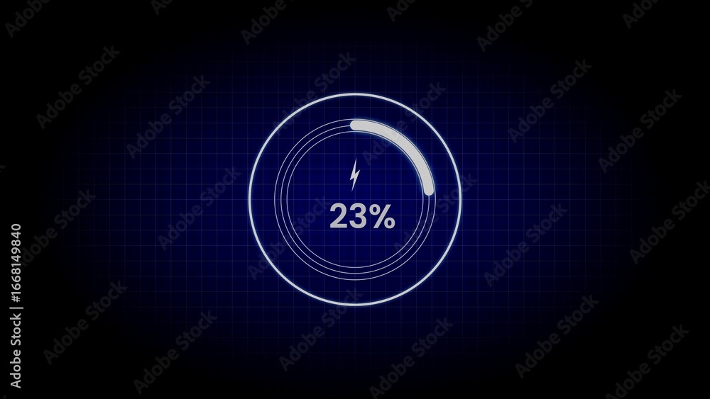 Aufkleber futuristic circular loading indicator showing 23 percent progress on dark grid background