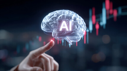 Futuristic holographic brain interface displaying word AI, symbolizing advanced technology and innovation. image evokes sense of curiosity and exploration in realm of artificial intelligence