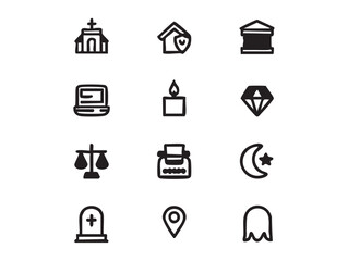 Vector icon set: church, home, bank, laptop, candle, diamond, justice, typewriter, islam, grave, location, ghost - outline icons eps silhouette
