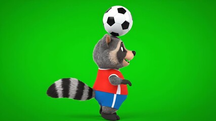Cartoon Raccoon Soccer Player with Thumbs Up - A cheerful cartoon raccoon wearing a red and blue soccer uniform balances a soccer ball on its head while giving a thumbs-up gesture against a bright - Powered by Adobe