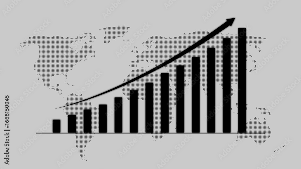 Poster global business growth bar chart with upward trend arrow on world map background graph