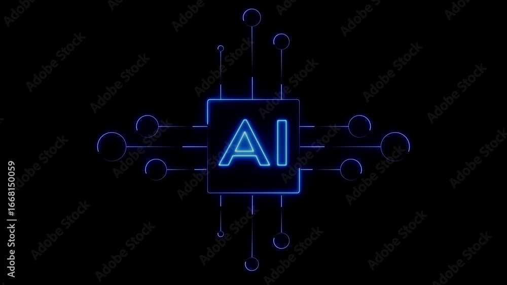 Poster glowing blue ai chip icon with circuitry on black background artificial intelligence technology