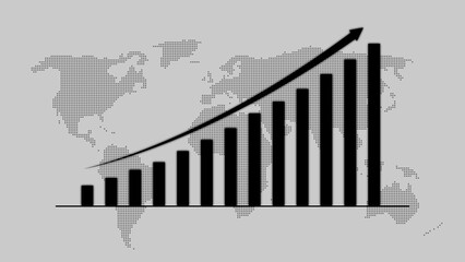 Global Business Growth Bar Chart with Upward Trend Arrow on World Map Background graph