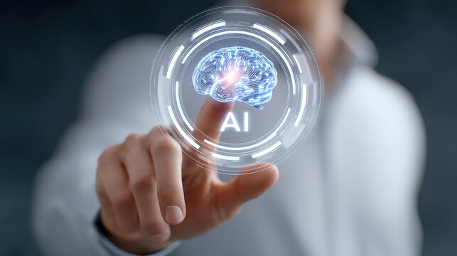 Person interacting with glowing holographic interface featuring brain symbol and letters AI, representing advanced technology and artificial intelligence. scene conveys sense of innovation
