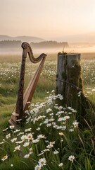 At dawn, glowing white daisies fill a dew-covered green field, where an intricately carved harp rests on a mossy stump. Gentle wind plucks its strings, producing faint music as the petals shimmer in t