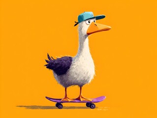 A whical cartoon seagull with cap confidently rides a purple skateboard against an orange background spot.
