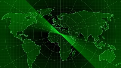 Green digital world map with radar grid and light beam from Africa global earth