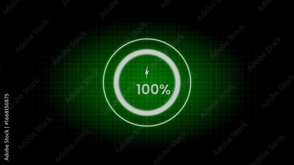 Poster green neon circular progress bar at 100 percent with lightning bolt icon loading circle