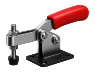 Toggle clamp with a horizontal handle and a flat base plate for securing workpieces in a woodworking shop