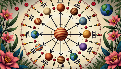Artistic representation of planets and celestial bodies connected by arrows, surrounded by floral elements and vibrant colors in a circular design