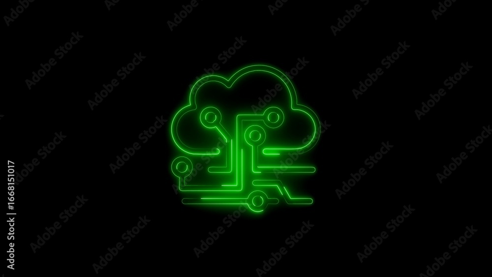 Aufkleber green neon cloud computing icon with circuit board elements on black background technology