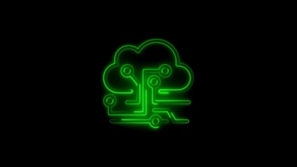 Green Neon Cloud Computing Icon With Circuit Board Elements On Black Background technology