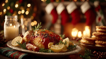 A beautifully presented roasted turkey, a centerpiece for a warm and inviting Christmas dinner.