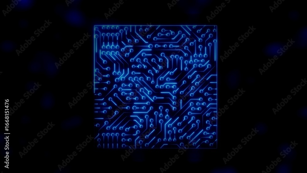 Poster intricate blue neon circuit board pattern on a dark background with bokeh effect abstract