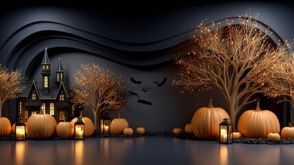 A Group of Pumpkins Perfectly Set Against a Haunted Mansion Skyline in Spooky Halloween Vibe