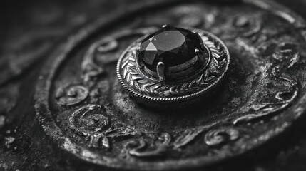 Ornate metallic brooch with a dark gem stone, textured and monochromatic