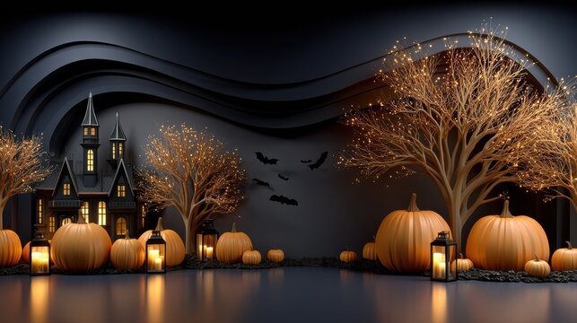 A Group of Pumpkins Perfectly Set Against a Haunted Mansion Skyline in Spooky Halloween Vibe