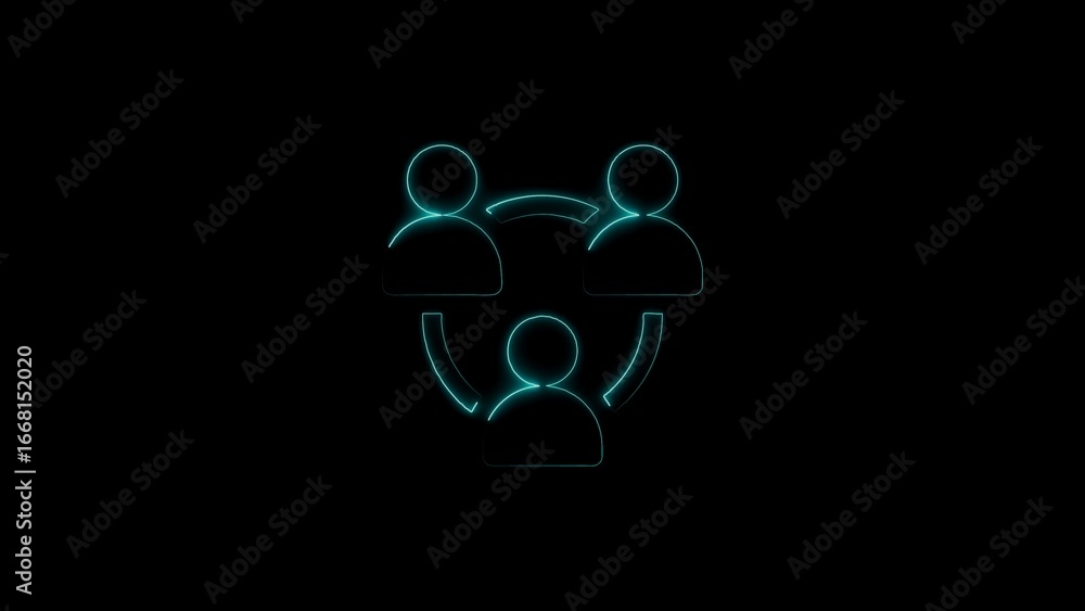 Aufkleber neon cyan three person network icon with connecting arcs on black background connection
